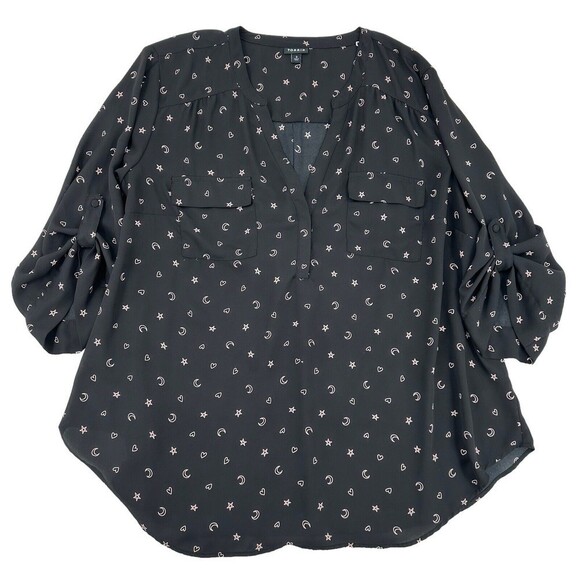 torrid Tops - Torrid Women Sz 3X‎ Black Sheer Blouse Roll Tabs Long Sleeves Pockets V-Neck
